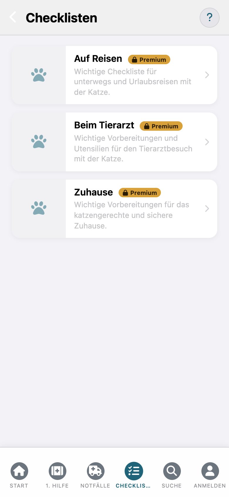 FelisCare: Liste der Checklisten
