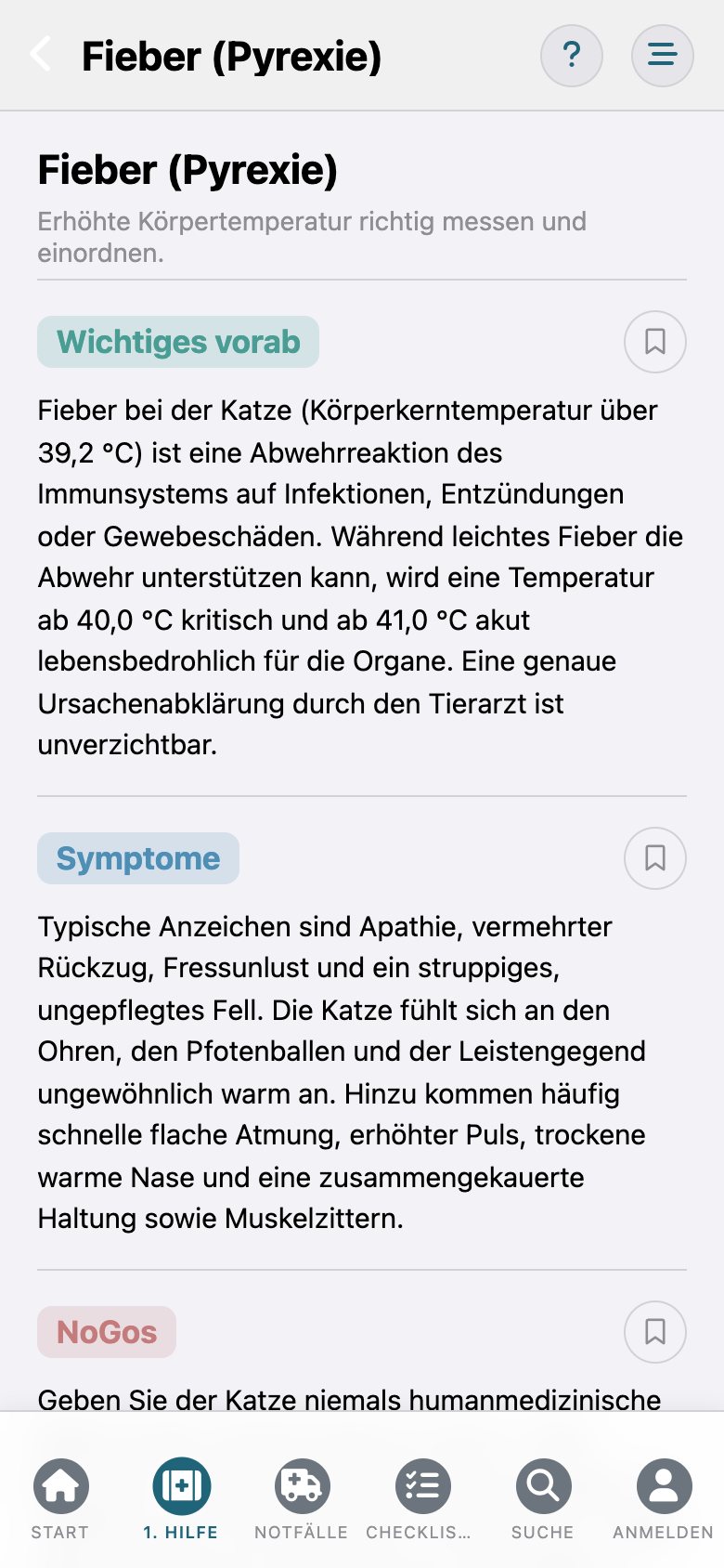 FelisCare: der Eintrag „Fieber“ mit den Abschnitten Wichtiges vorab und Symptome