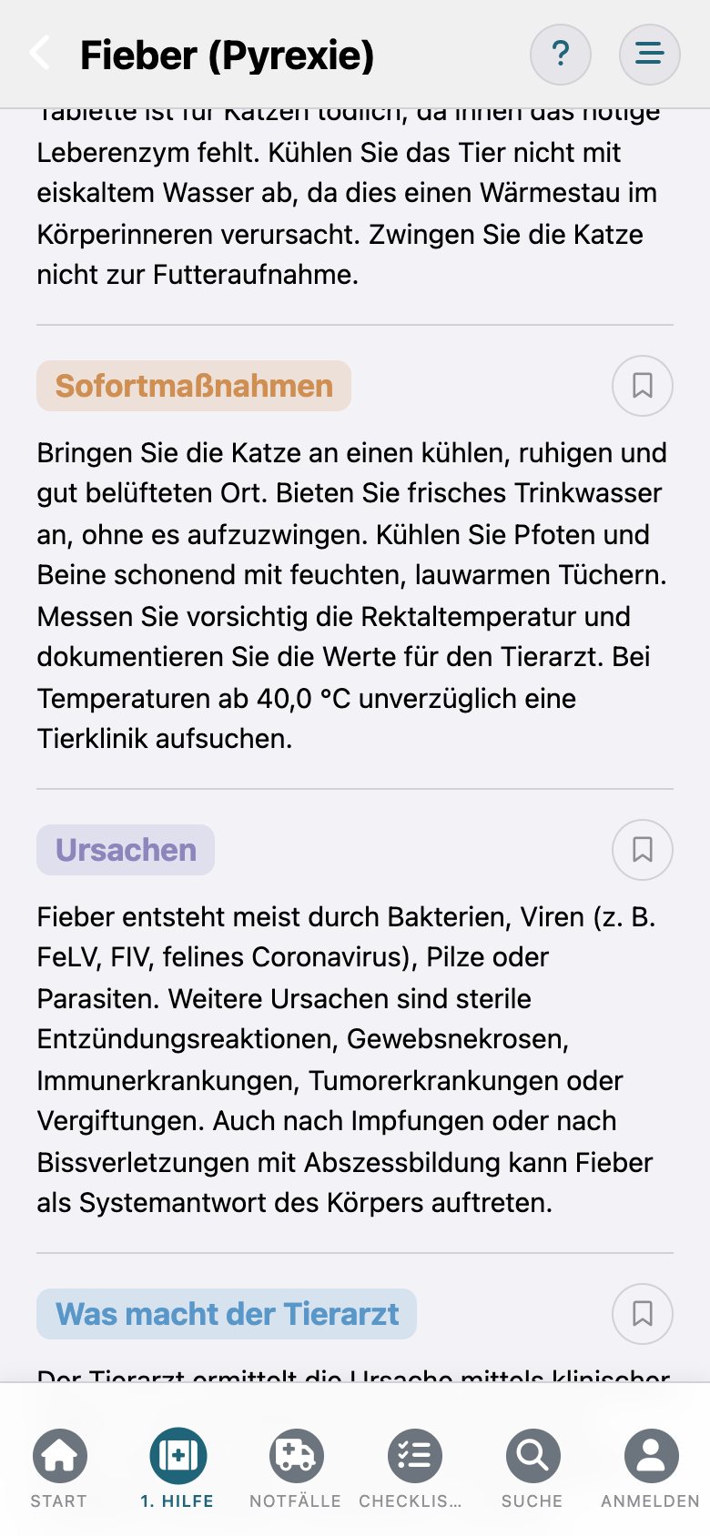 FelisCare: der Eintrag „Fieber“ mit den Abschnitten Sofortmaßnahmen und Ursachen