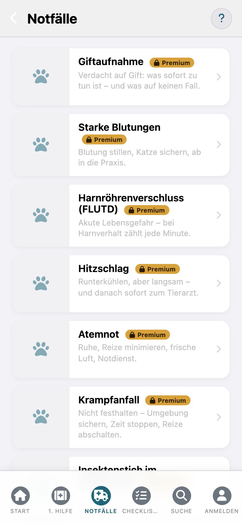 FelisCare: die Liste der Notfälle