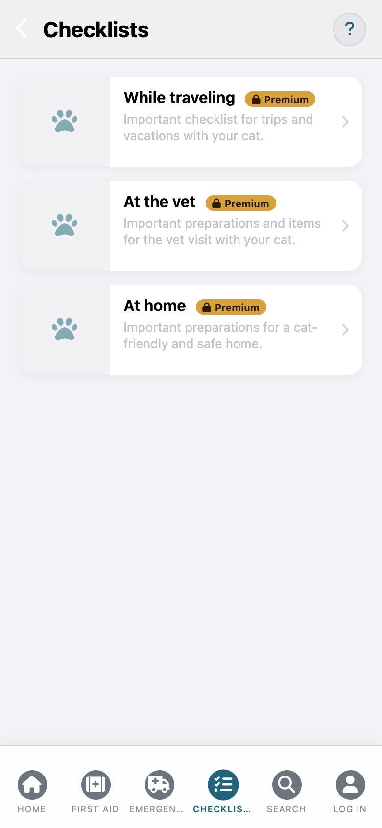 FelisCare: list of checklists