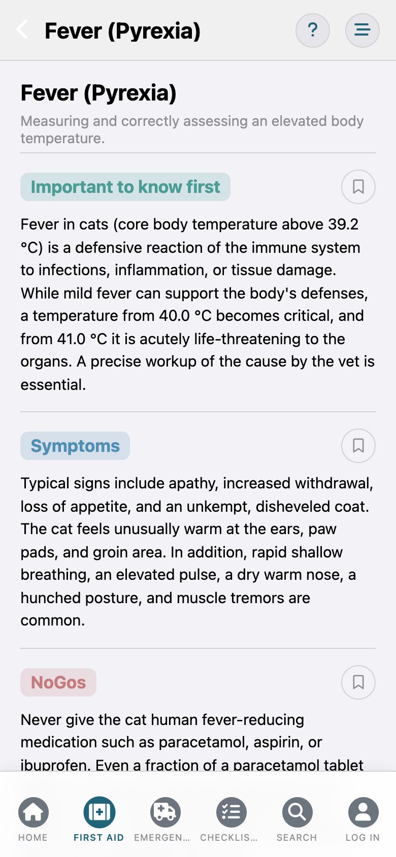 FelisCare: the entry "Fever" with the sections Important to know first and Symptoms