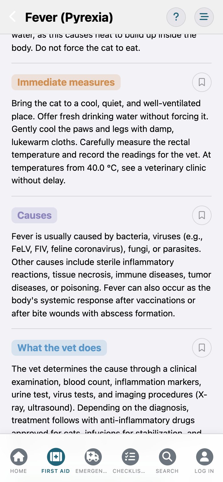 FelisCare: the entry "Fever" with the sections Immediate measures and Causes