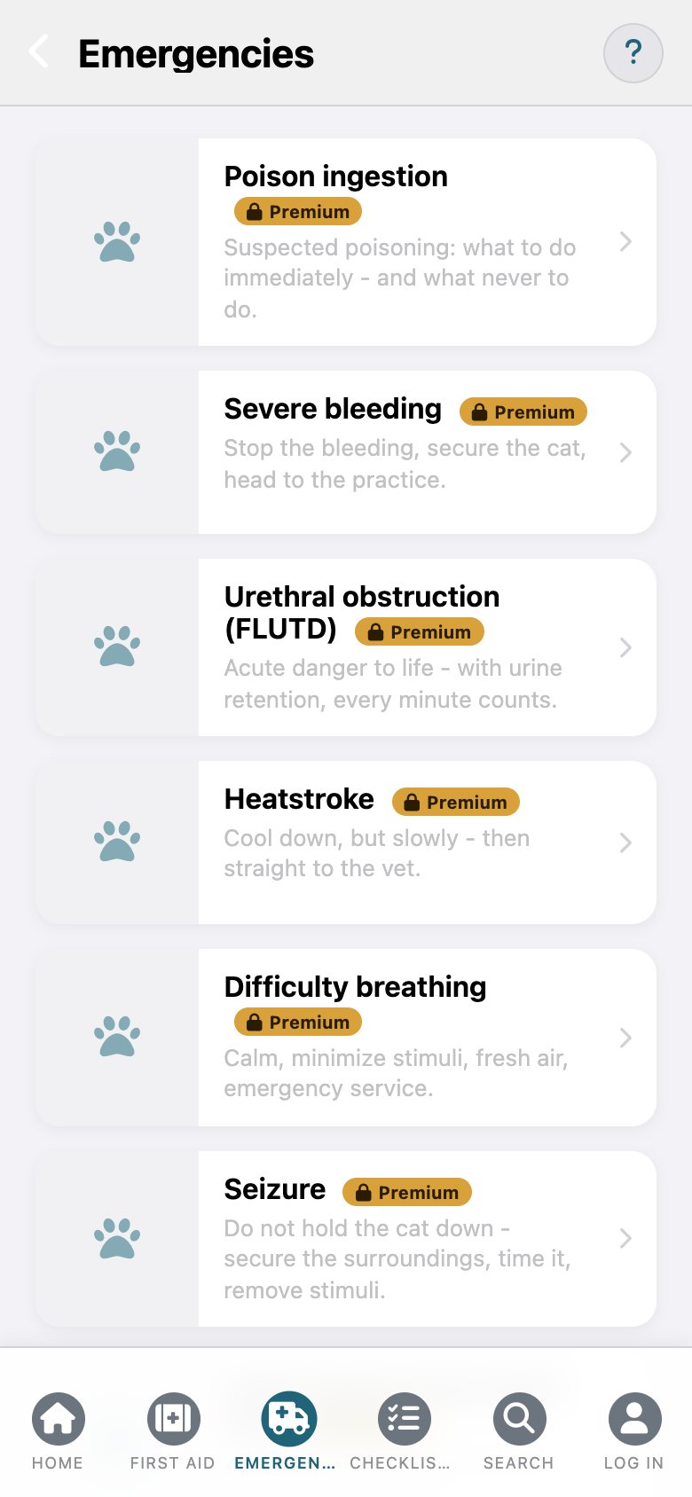 FelisCare: the list of emergencies