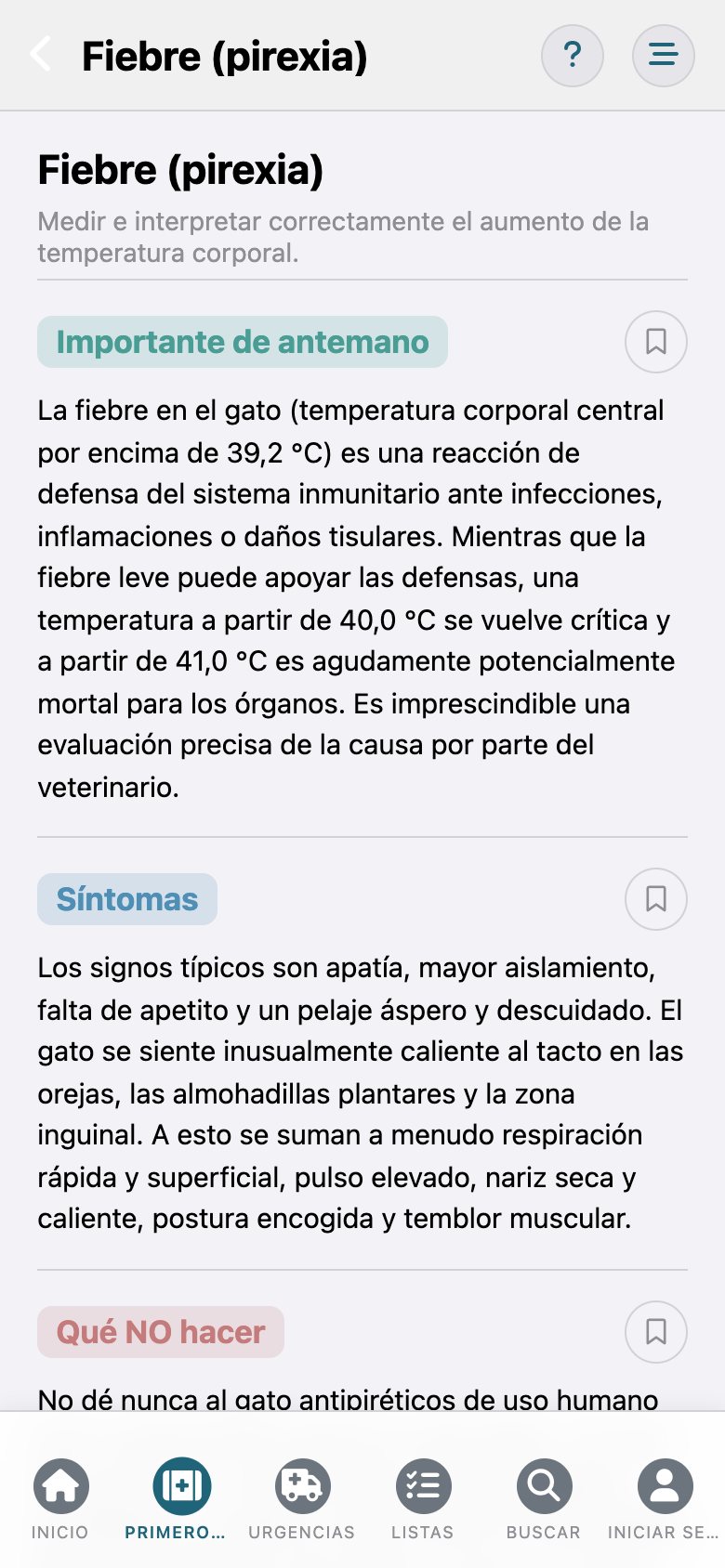 FelisCare: la entrada «Fiebre» con los apartados Importante de antemano y Síntomas
