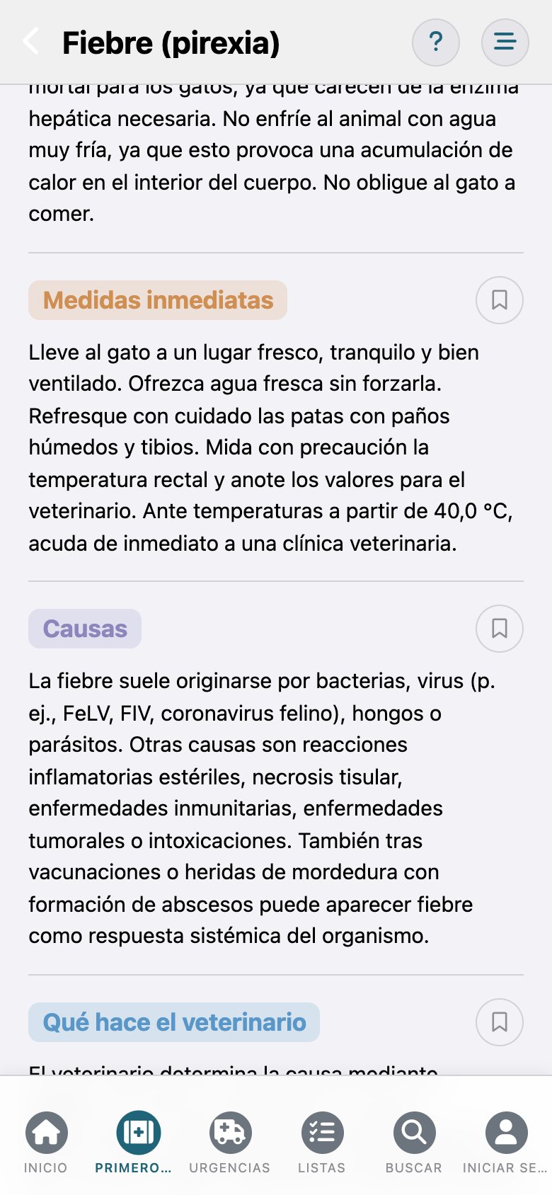 FelisCare: la entrada «Fiebre» con los apartados Medidas inmediatas y Causas